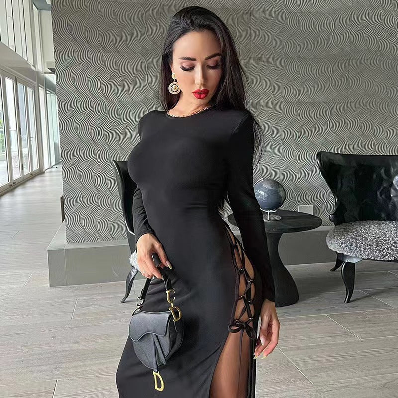 Women's Color Beveled Split Long Sleeve Slim Fit Tied Sexy Dress