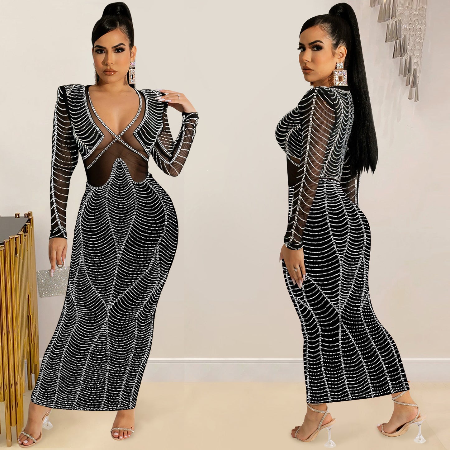 Women's Sexy Nightclub Rhinestone Mesh Long Sleeve Dresses