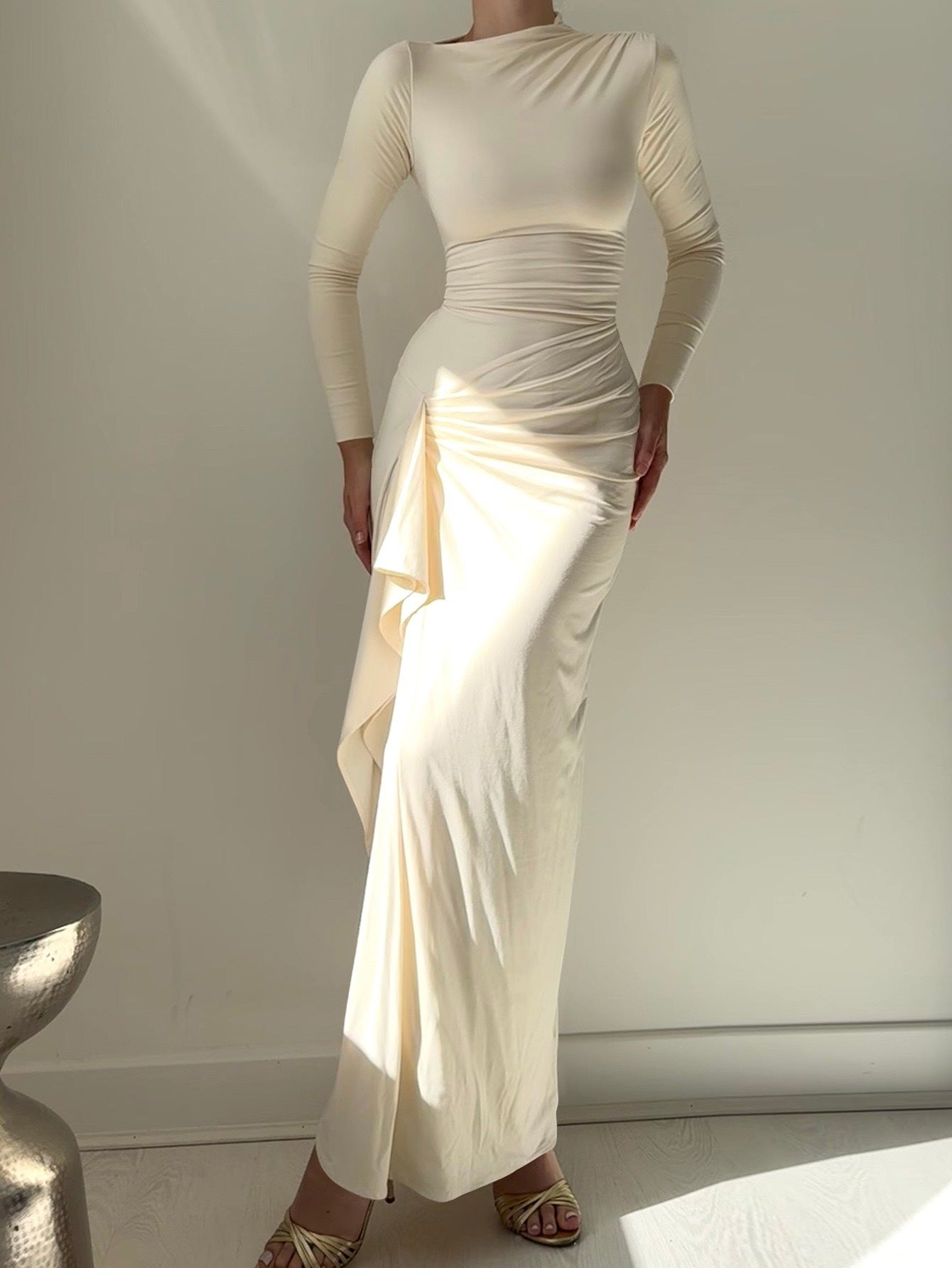 Women's Autumn Solid Color Round Neck Fashion Elegant Slit Dress