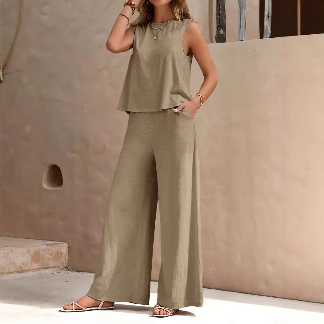 Women's Round Neck Wide Leg Cotton Linen Fashion Casual Suit