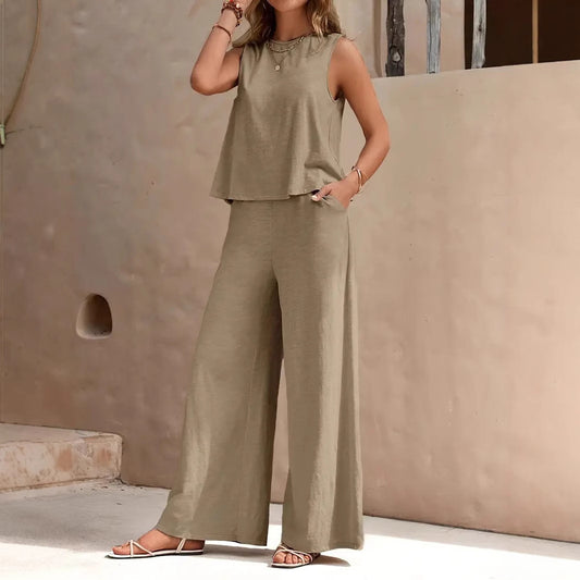Women's Round Neck Wide Leg Cotton Linen Fashion Casual Suit