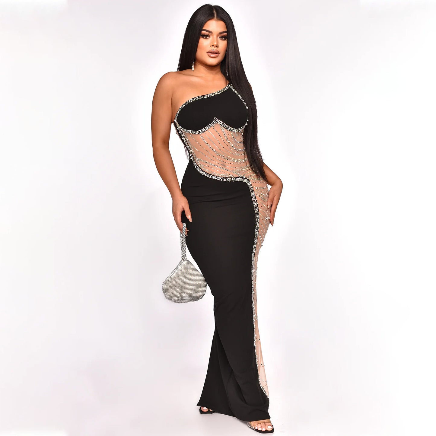 Women's Summer Sexy Mesh Rhinestone Strap Length Dresses