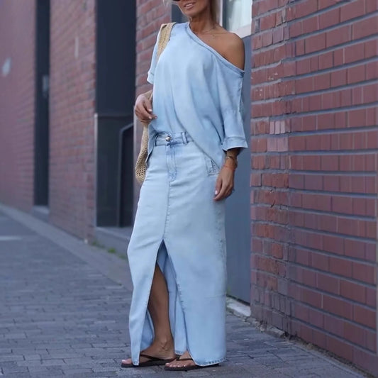 Women's Elegant Denim Shoulder Two-piece Set Suits
