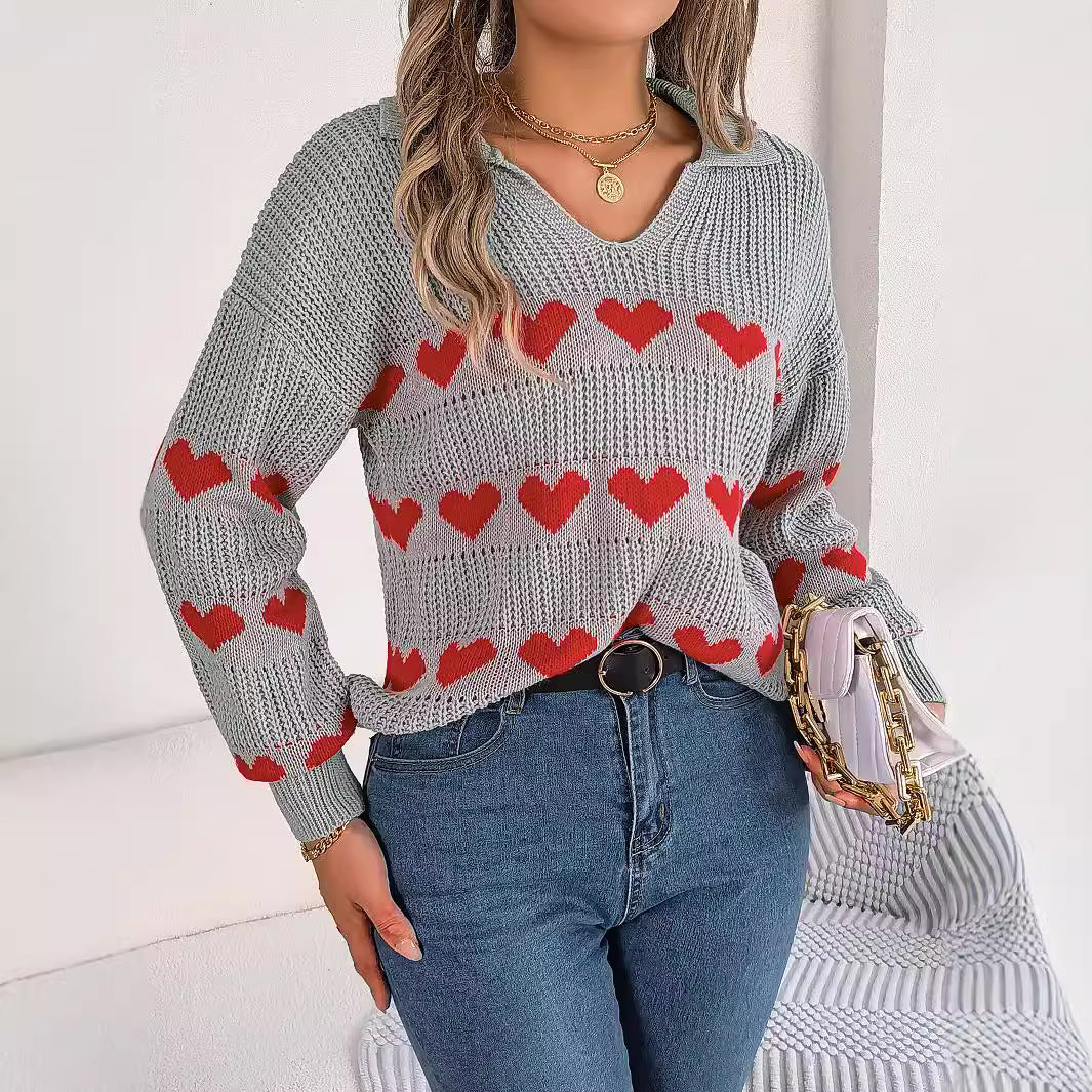 Women's Casual Heart Collar Lantern Sleeve Contrast Color Sweaters