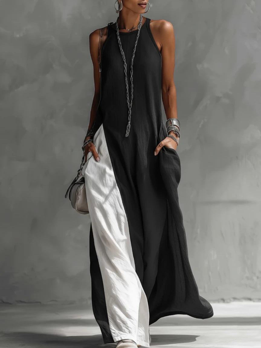 Women's Sleeveless Loose Pockets Contrast Color Casual Dress