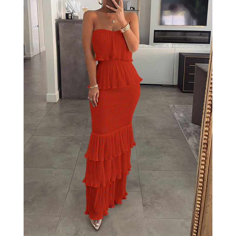Women's Tube Smocking Pleated Ruffled Long Dress Blouses