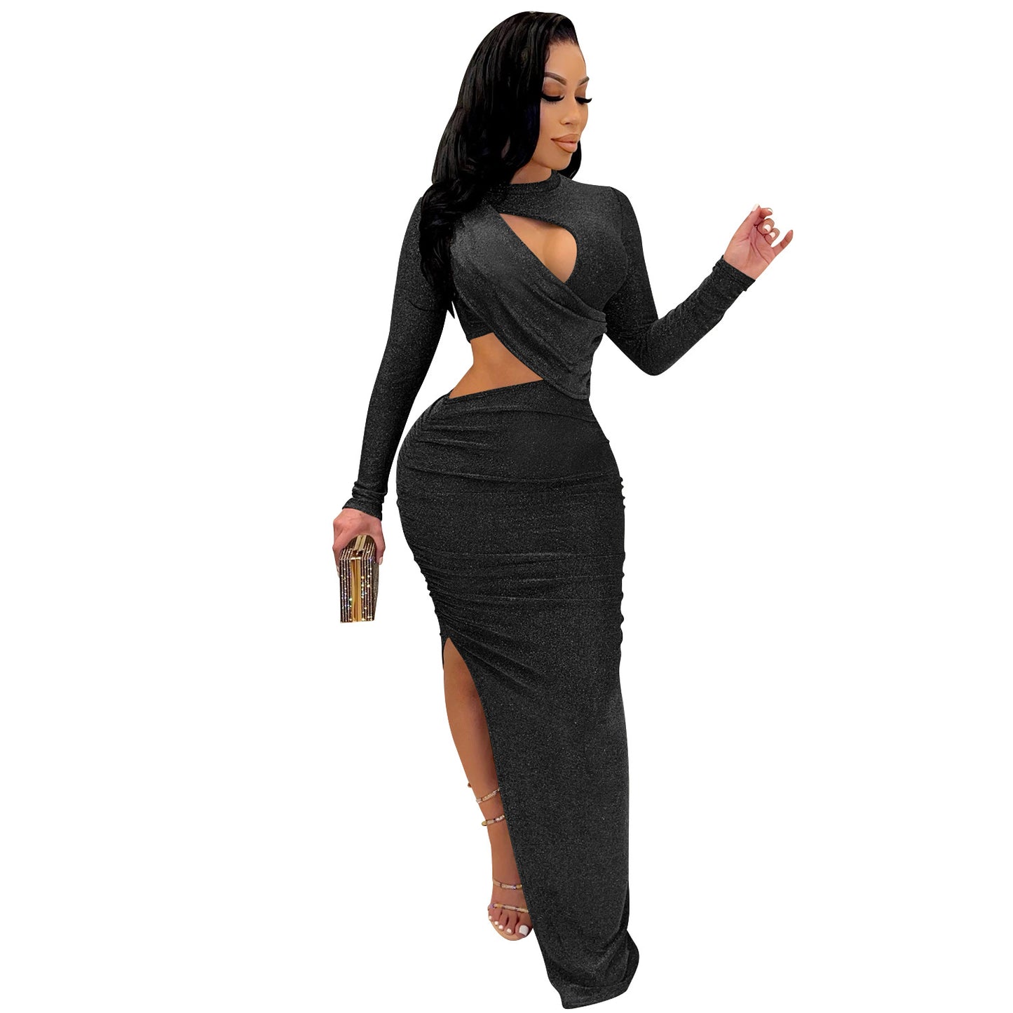 Solid Color Round Neck Long Sleeve Hollow Dresses