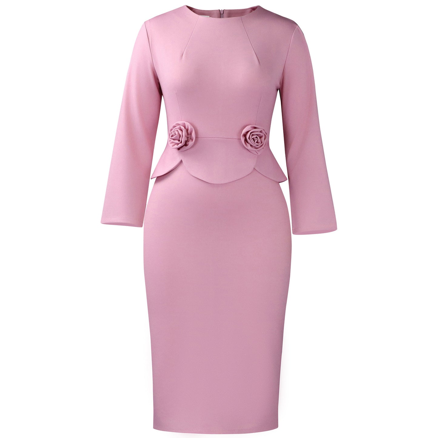 Women's Fashion Round Neck Long Sleeve Solid Color Three-dimensional Dress