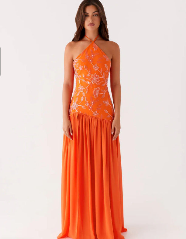 Women's Sequin Sequined Chiffon Stitching Halter Split Sexy Dresses