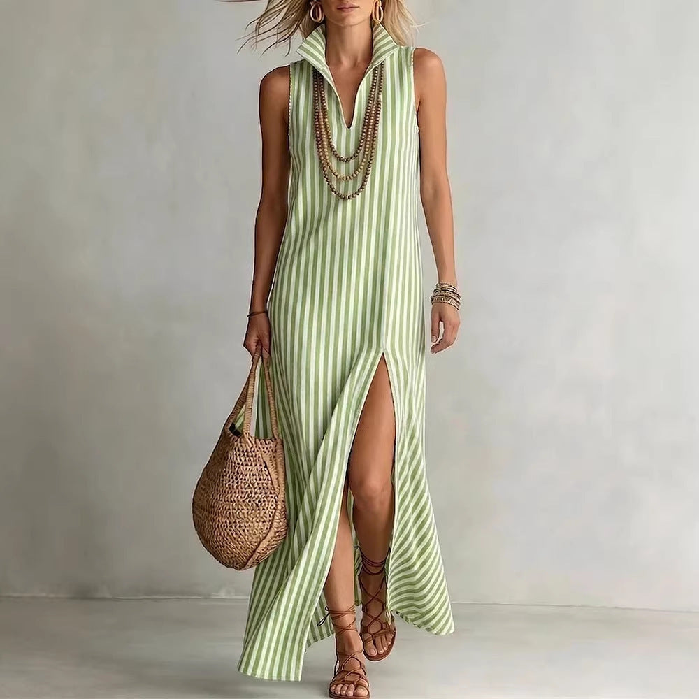 Striped Stand Collar Sleeveless Split Long Dress