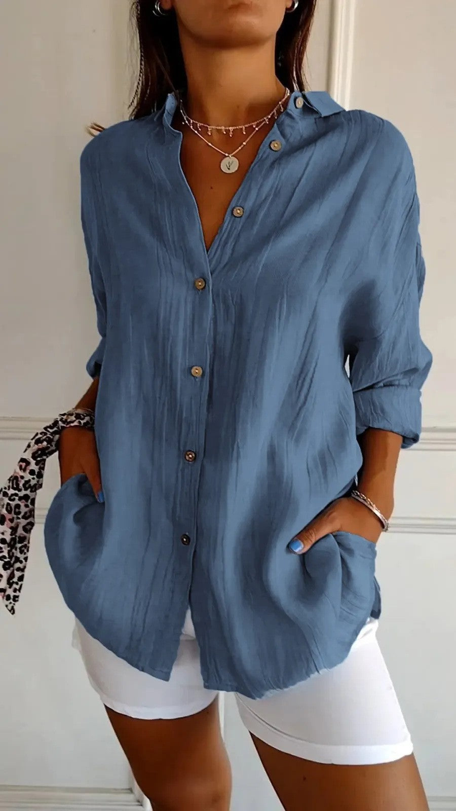 Women's Single-breasted Pleated Lapel Shirt Solid Color Blouses