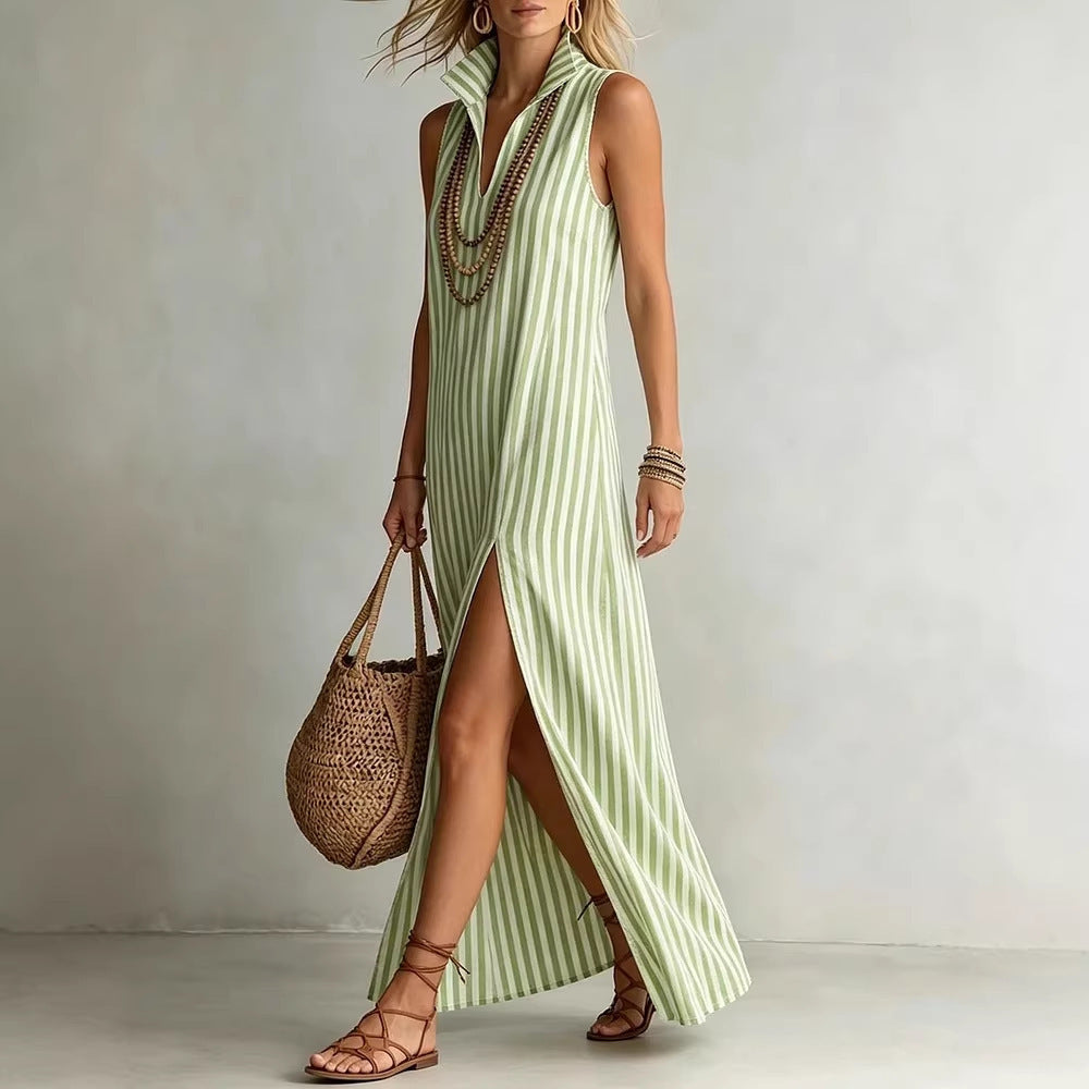 Striped Stand Collar Sleeveless Split Long Dress