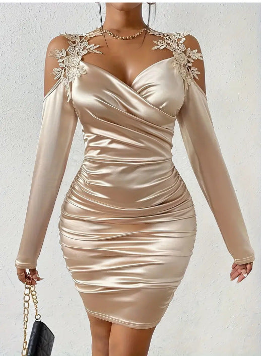 Cool Satin Elegant Lace Tight Draped Dress