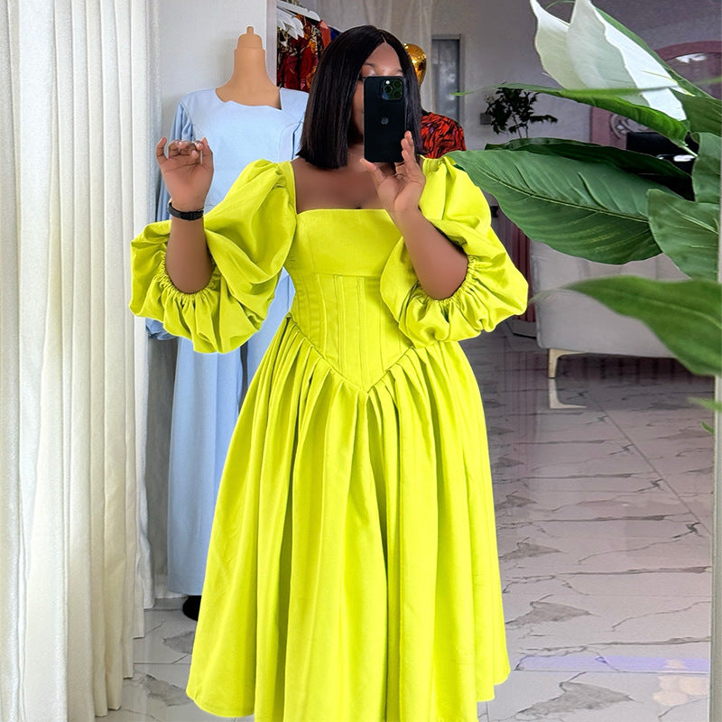 Women's Square Collar Lantern Sleeve High Waist Slimming A- Dresses