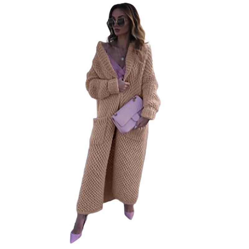 Women's Winter Lapel Knitted Solid Color Long Sweaters