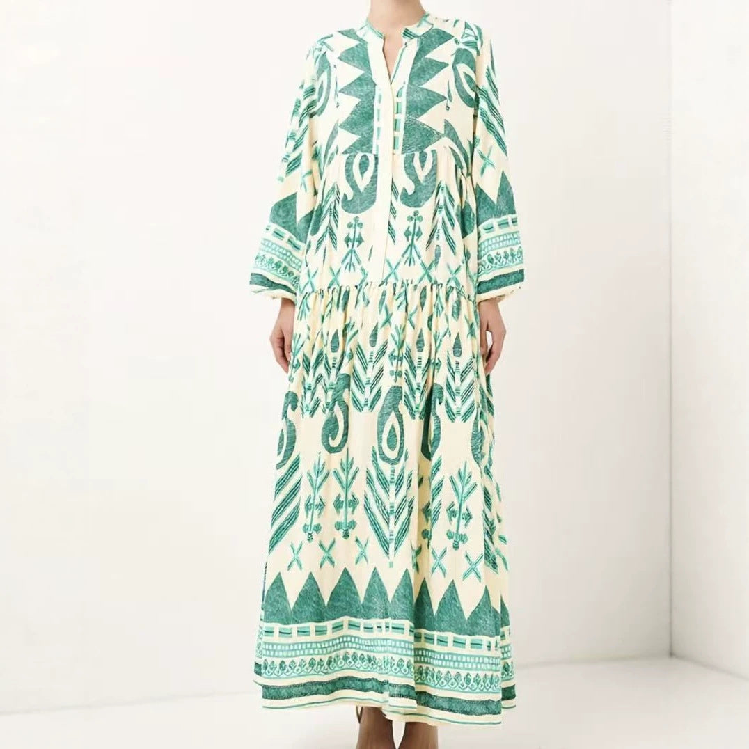 Women's Green Dignified Elegant Soft Comfort Printing Long Dress