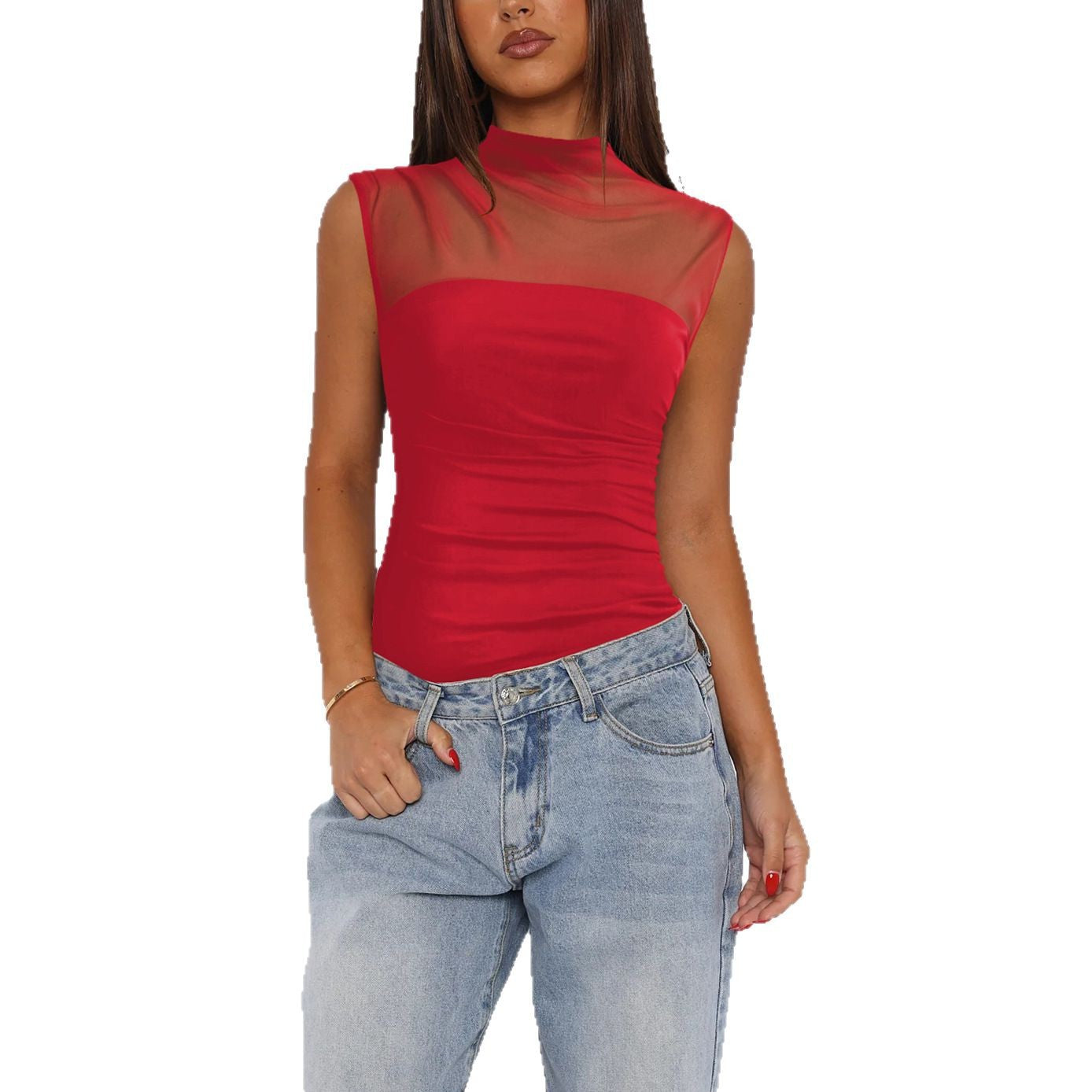 Women's Summer Half Collar Pure Color Mesh Tops