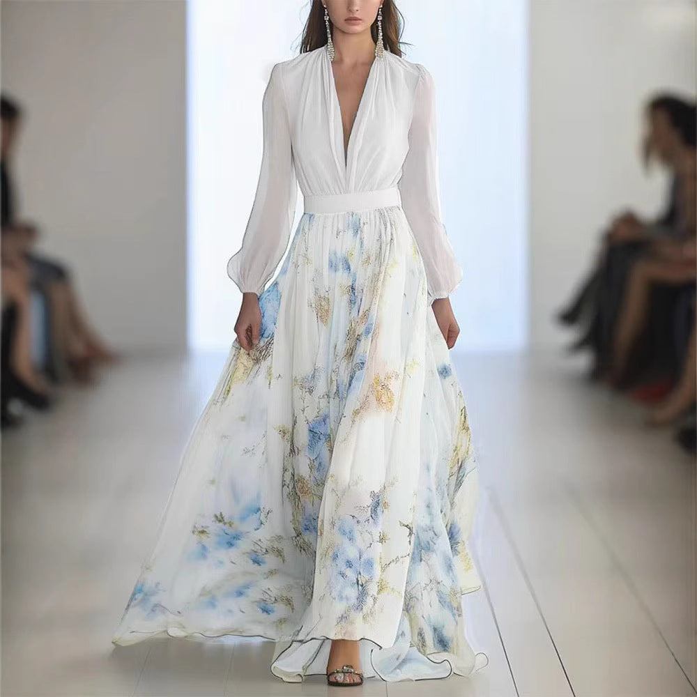 Women's Digital Printing Long Sleeve Collar Patchwork Dress