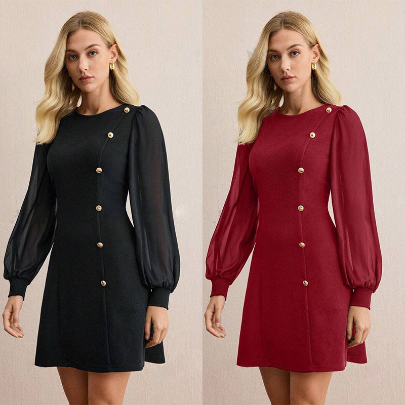 Women's Spring Round Neck Clinch Slimming Solid Dress