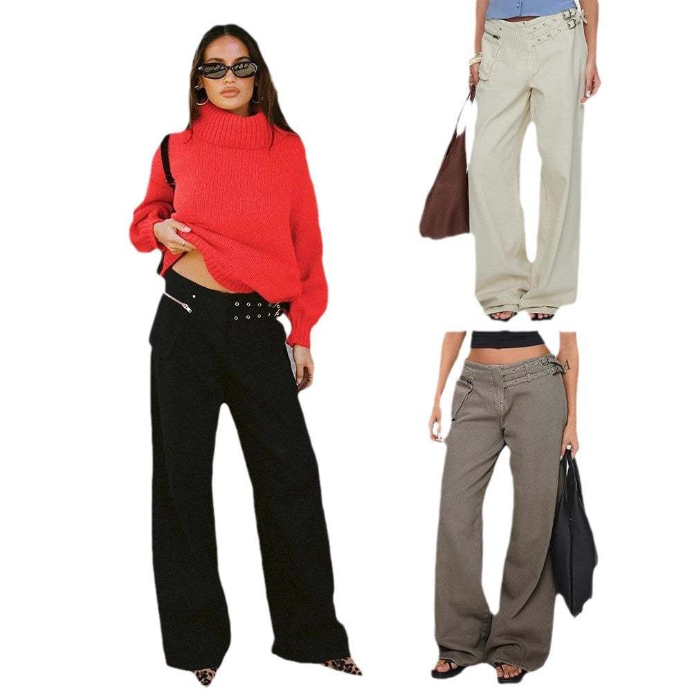 Women's Personality Street Adjustable Buckle Waist Side Pocket Detail Pants