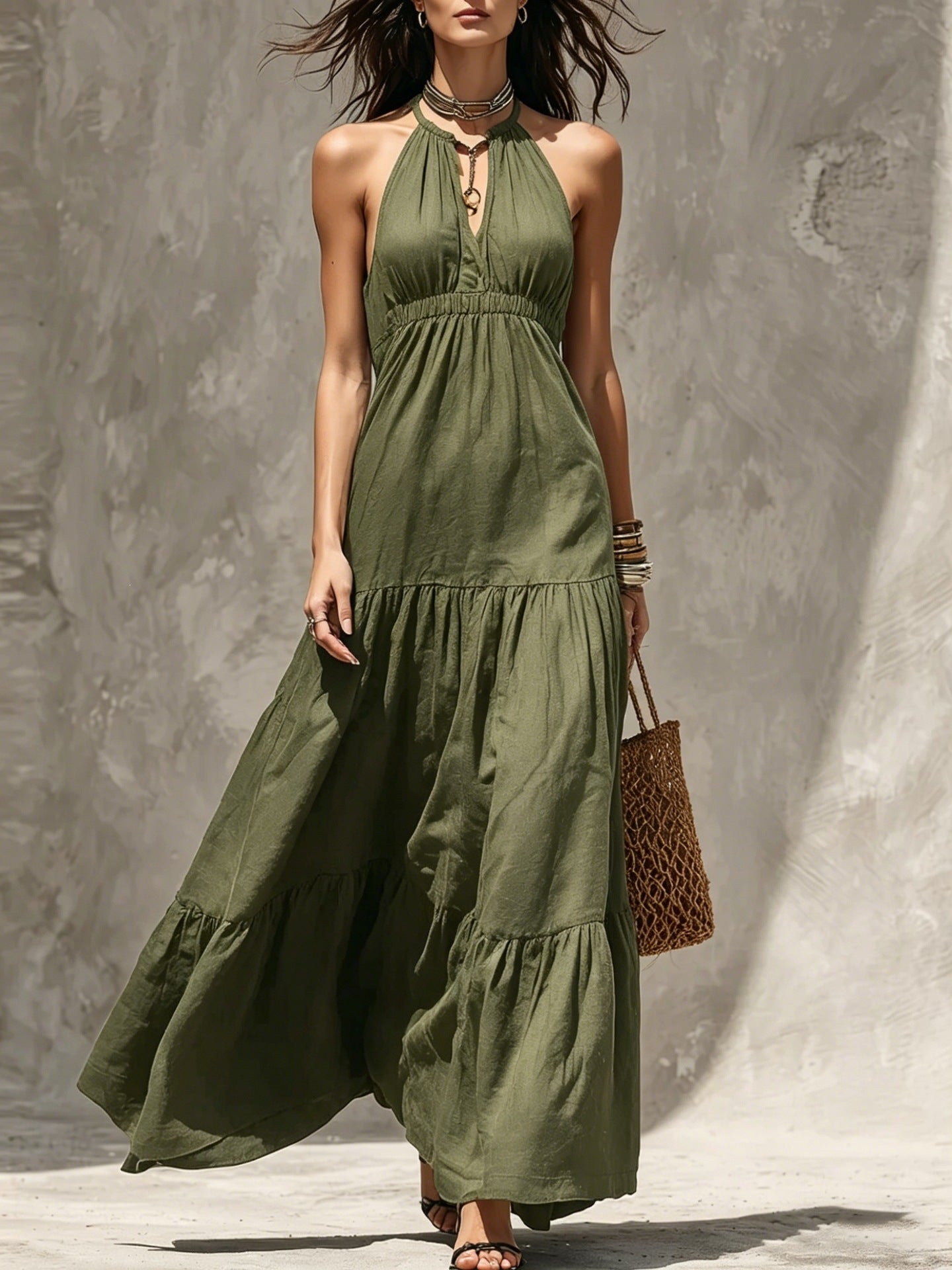 Women's High Waist Stitching Cotton Linen Holiday Dress