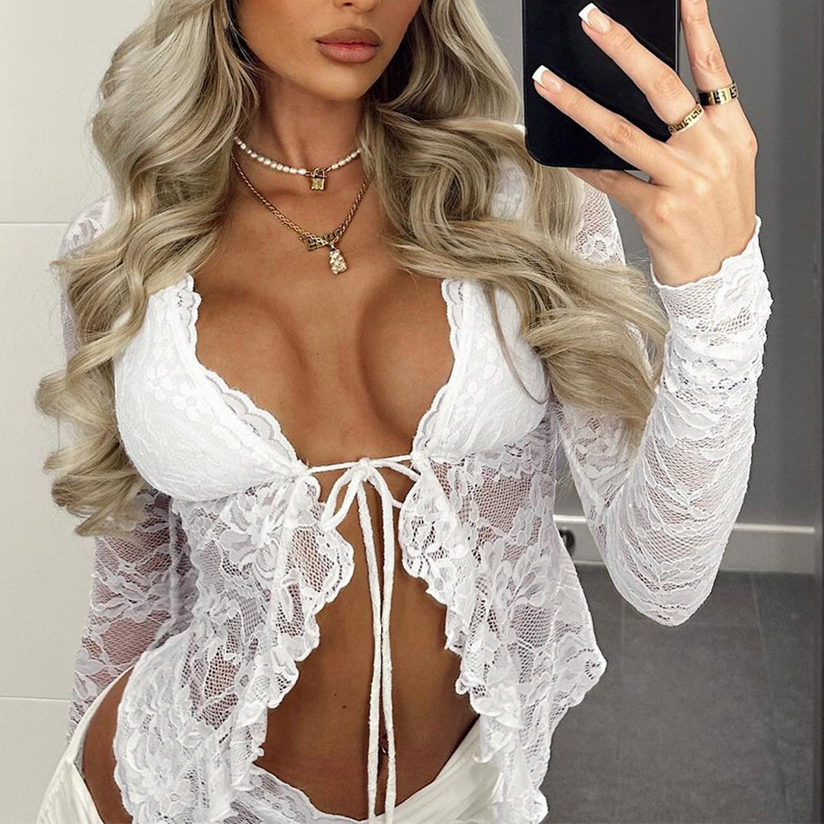 Women's Hollow Sexy Long Sleeve Lace Shirt Blouses