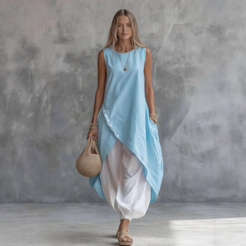 Solid Color Sleeveless Loose Pockets White Suits