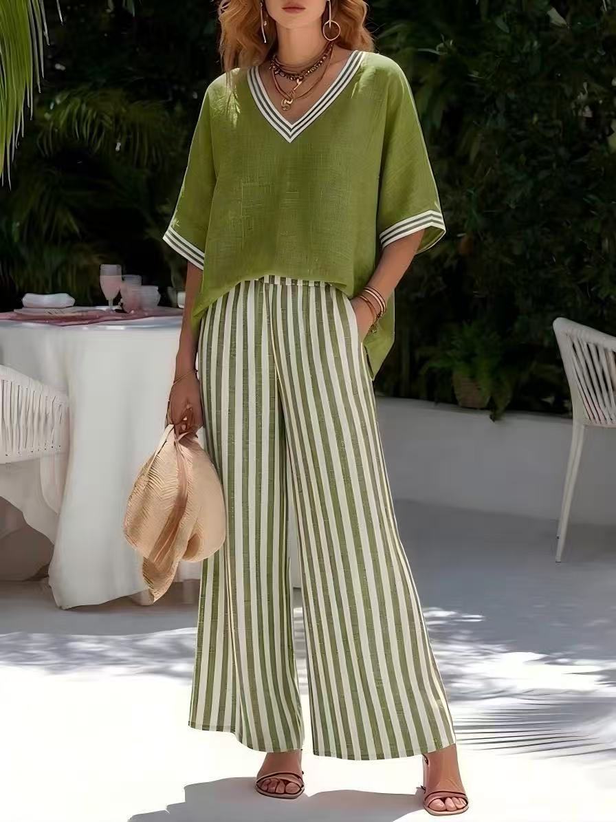 Women's Summer Cotton Linen Loose Sleeve Striped Two Fashion Casual Suit