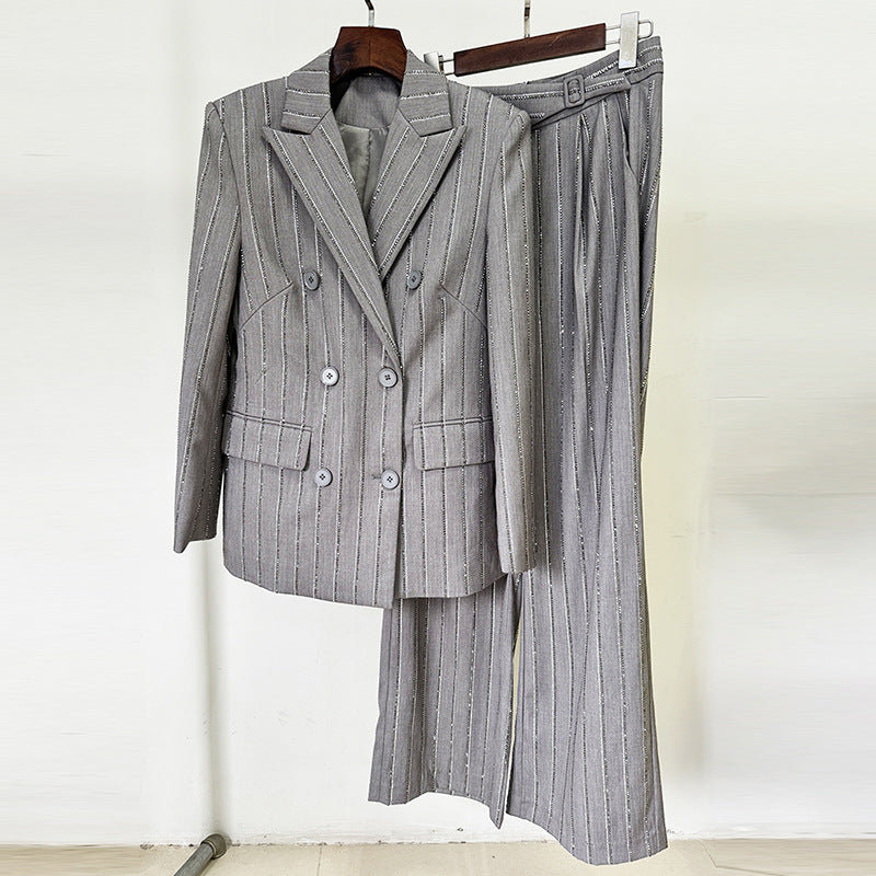 Gray Hot Drilling Double Breasted Two-piece Fashion Casual Suit