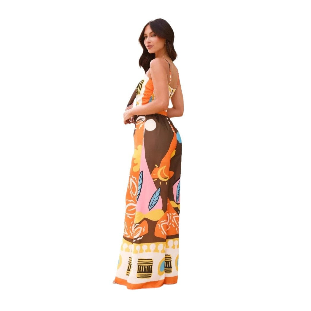 Printed Tied Waist Trimming Spaghetti Straps Jumpsuits