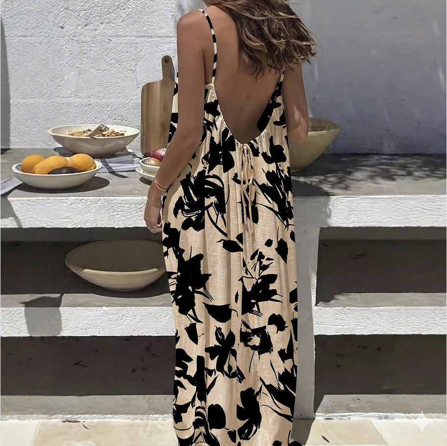 Women's Sling Backless Loose Leisure Pajamas Printed Dress