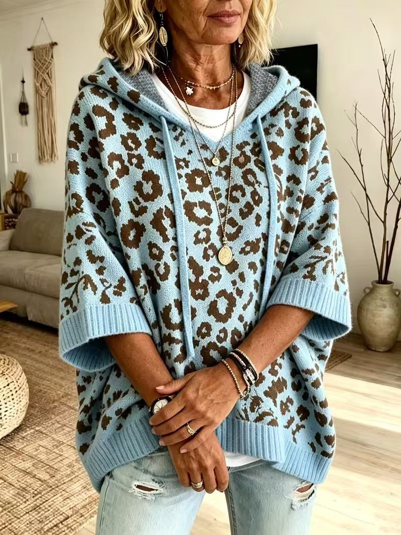 Leopard Print Hooded Drawstring Knitted Outerwear Pullover Sweater