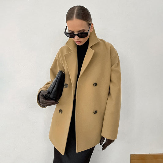 Women's Woolen Mid-length Loose Thick Brown Double-breasted Coats