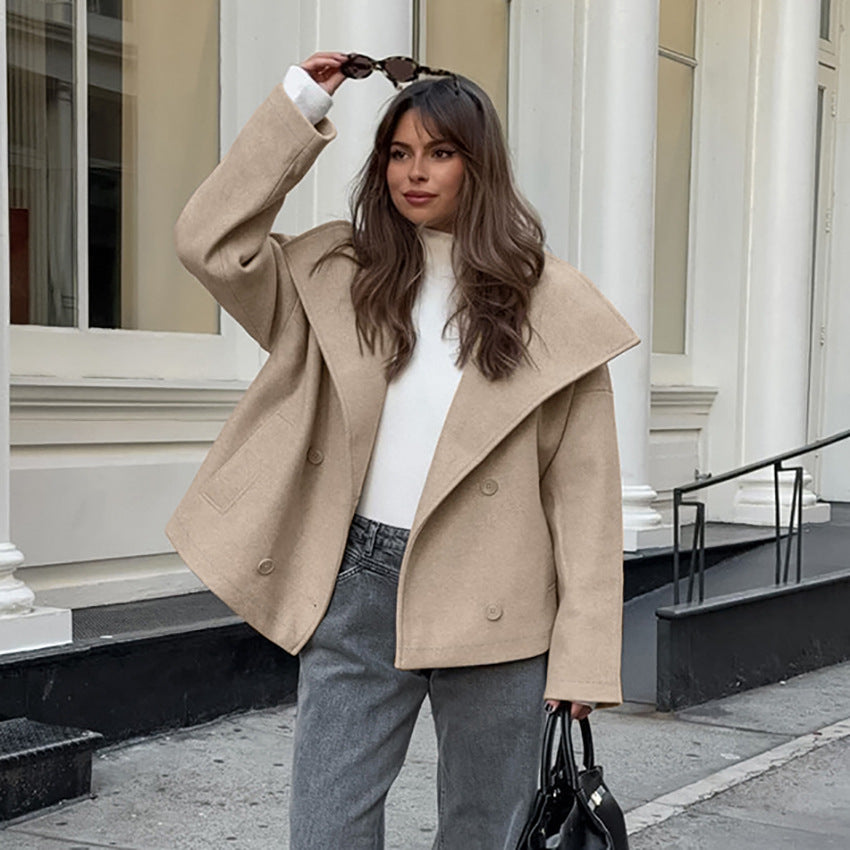 Women's Commuter French Khaki Woolen Winter Thickened Coats