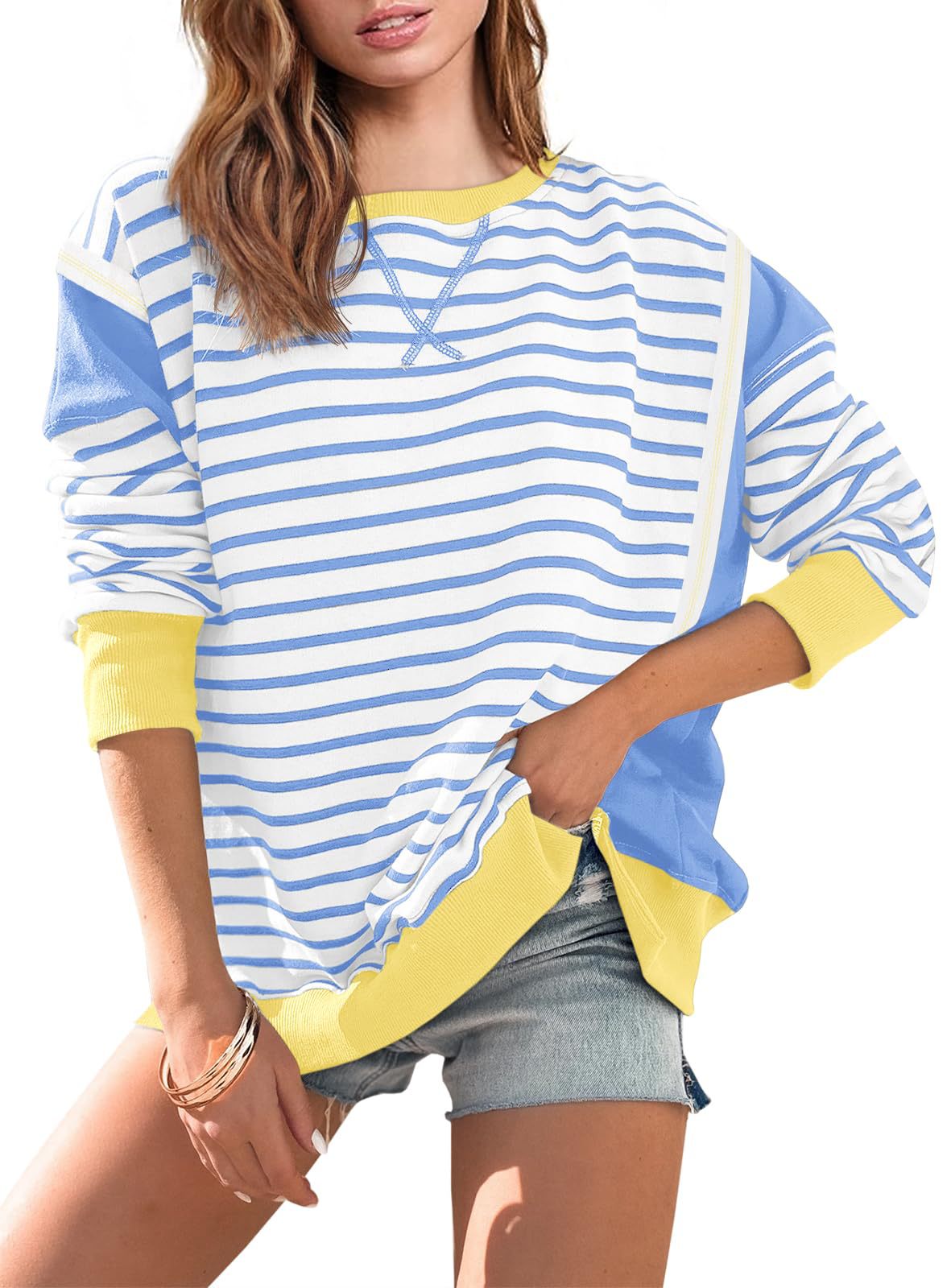 Women's Striped Contrast Color Long Sleeves T-shirt Blouses