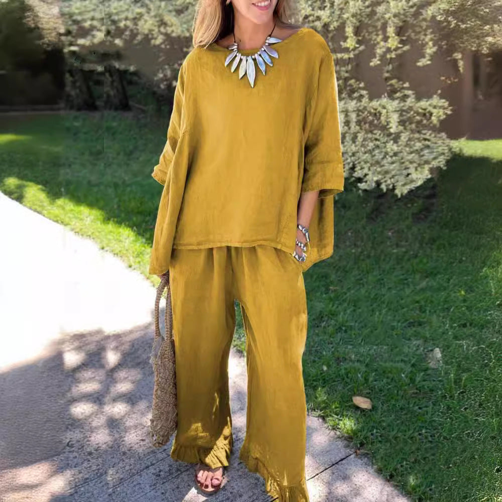 Women's Cotton Linen Solid Color Loose Trousers Fashion Casual Suit