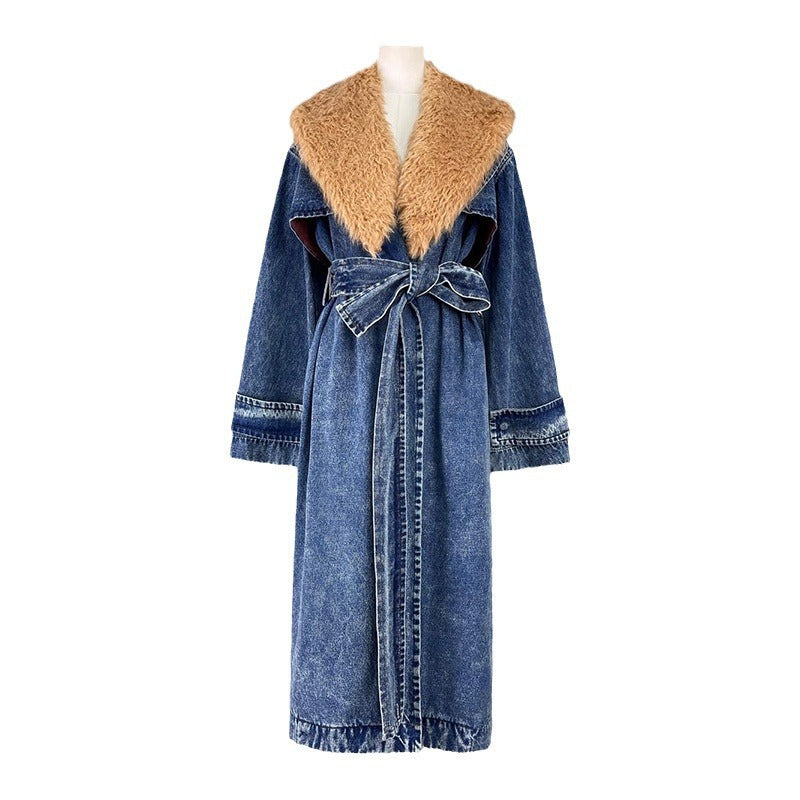 Long Denim Trench Winter Design Detachable Fur Coats