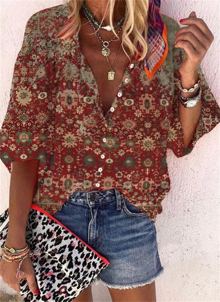 Women's Fashion Summer Stand Collar Loose Button Retro Blouses