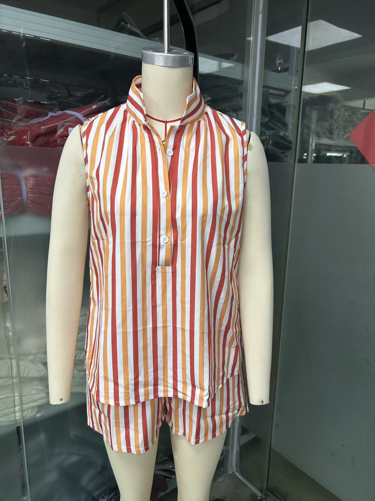 Women's Stand Collar Striped Shirt Elastic Wide Leg Fashion Casual Suit
