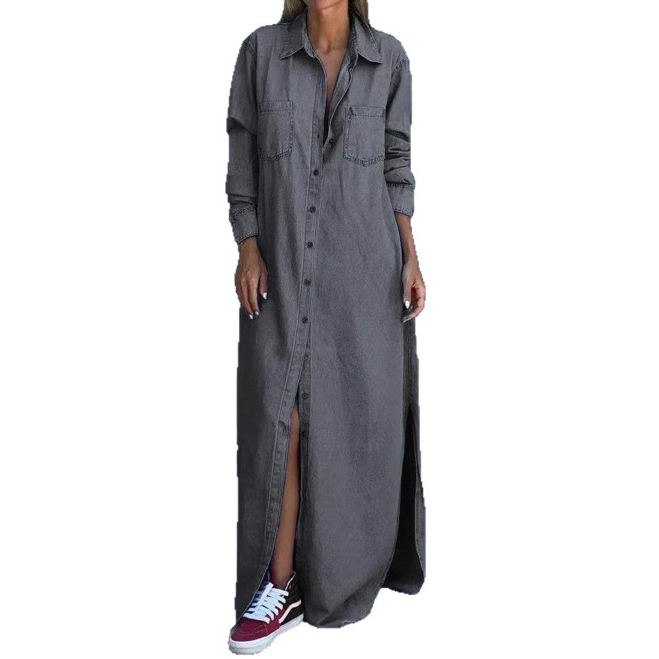 Women's Spring Lapel Long Sleeve Denim Wear Dresses
