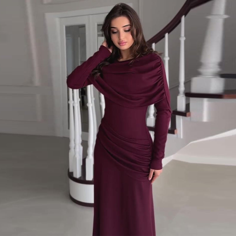 Women's Round Neck Design Pleated Waist Tight Dresses