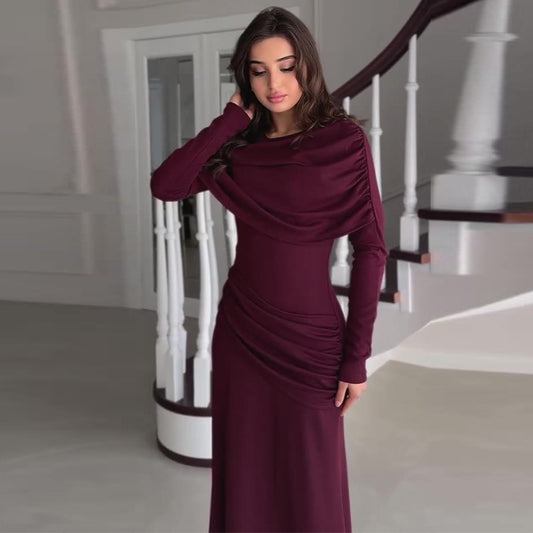Women's Round Neck Design Pleated Waist Tight Dresses