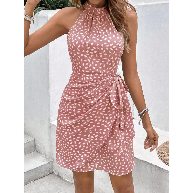 Women's Summer Fashion Halter Zipper Sleeveless Floral Dress