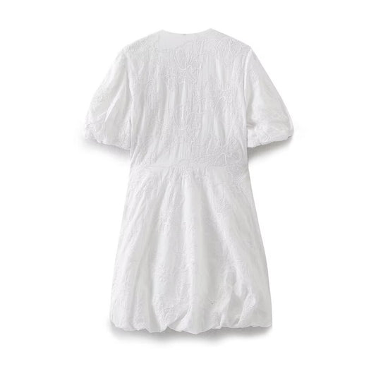 Women's Summer White Embroidery Puff Sleeves Mini Dresses