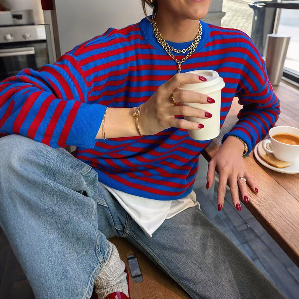 Women's Casual Simple Striped Long-sleeved T-shirt Woolen Blouses