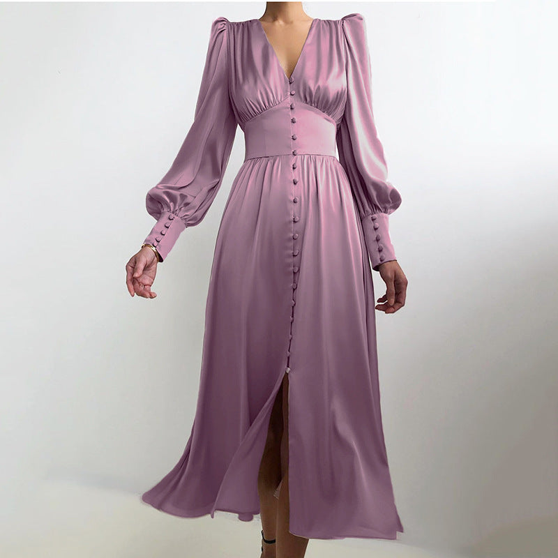 Women's Satin Dress Design Sense Lantern Sleeve Waist Dresses