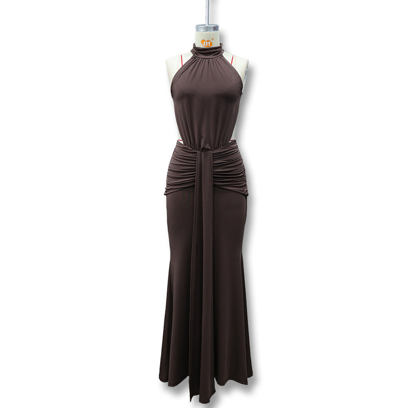 Women's Temperament Pure Color Banquet Long Sexy Backless Slim Fit Dress
