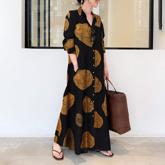 Women's Large Muslim Cotton Linen Printed Long Sleeve Simple Dresses