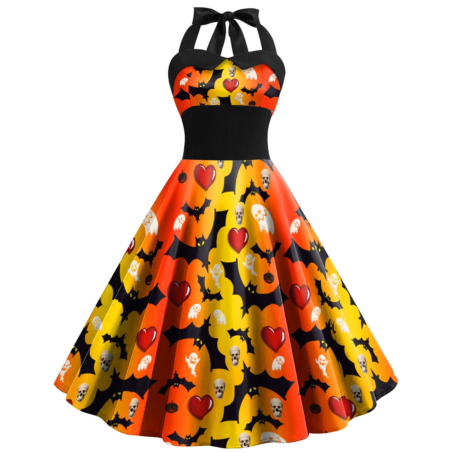 Women's Skull Cobweb Printed Tied Shoulder Strap High-waisted Dress