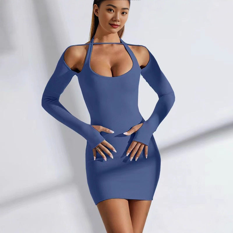 Women's Solid Color Sexy Long-sleeved Halter Sheath Dress